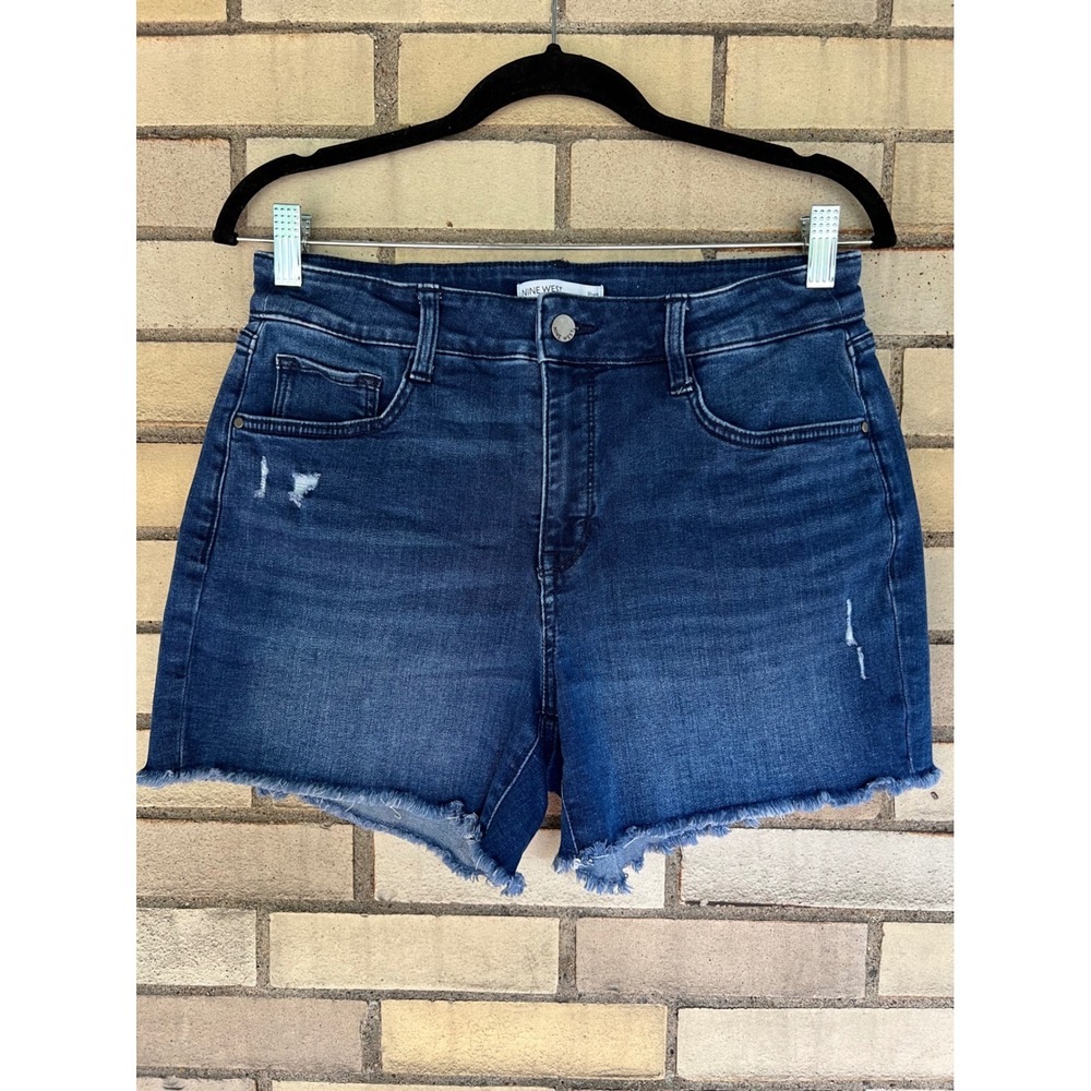 Nine West Dark Wash Distressed Raw Hem Denim Shorts Size 8